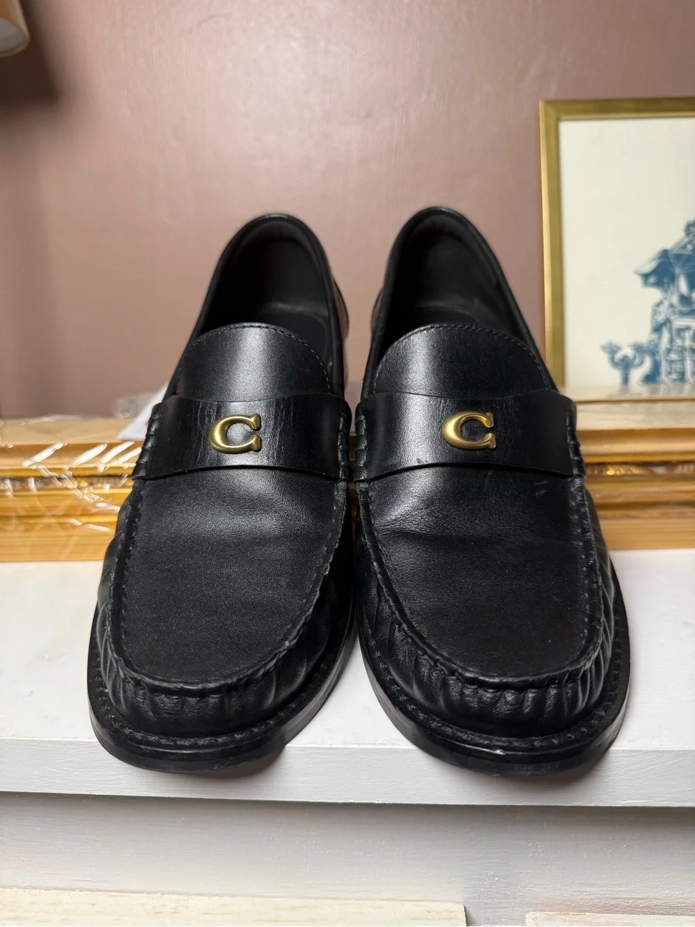 Coach Jolene Black Leather Loafers Gold C Hardware Slip On Women’s Size 7B